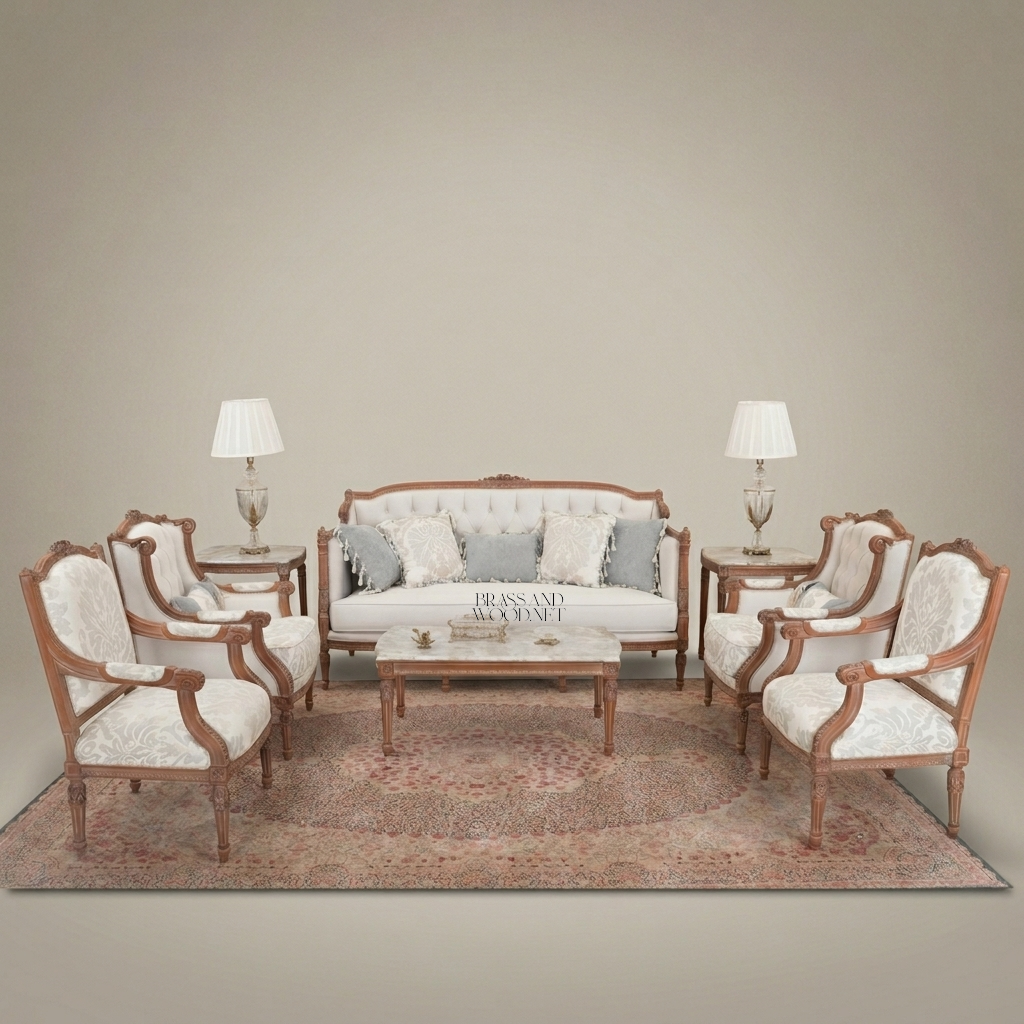 Louis XVI Heritage Salon Set — Hand-Carved Tufted Hardwood Frame
