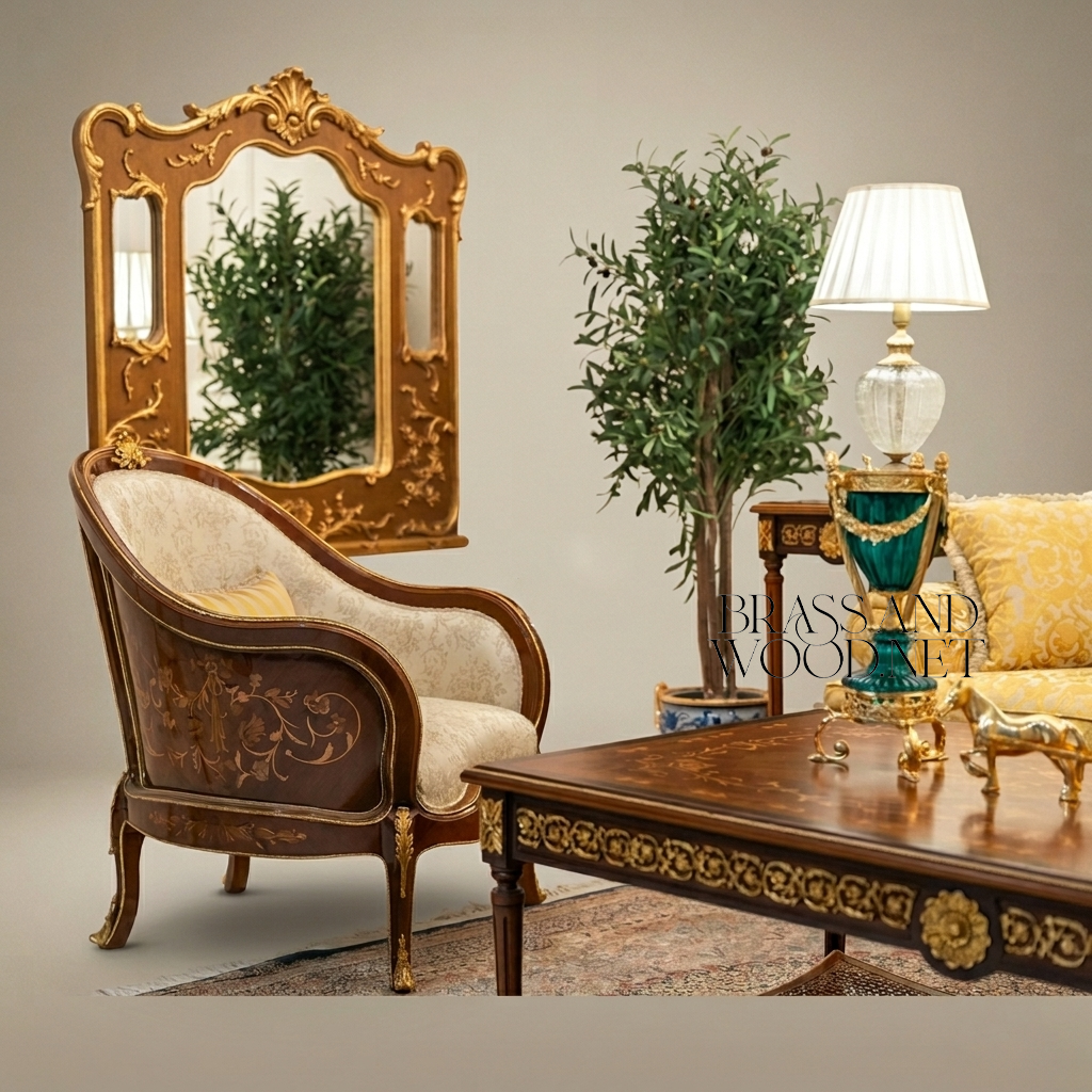 Louis XVI Heritage Salon Set with Gilt Marquetry Coffee Table