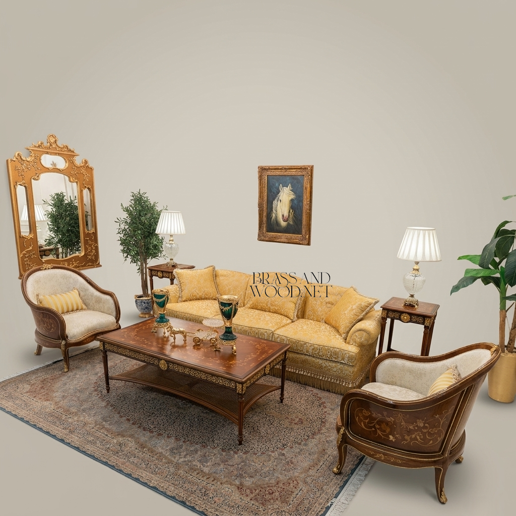 Louis XVI Heritage Salon Set with Gilt Marquetry Coffee Table