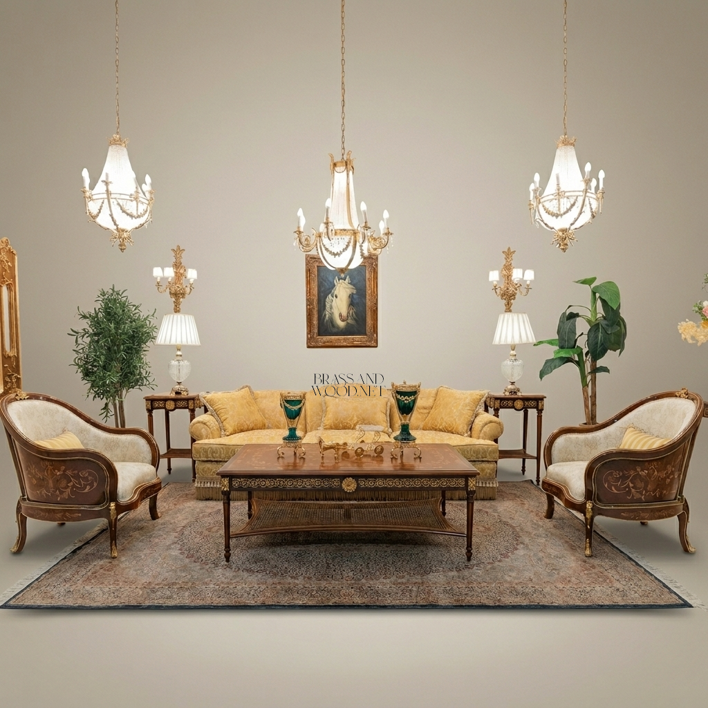 Louis XVI Heritage Salon Set with Gilt Marquetry Coffee Table
