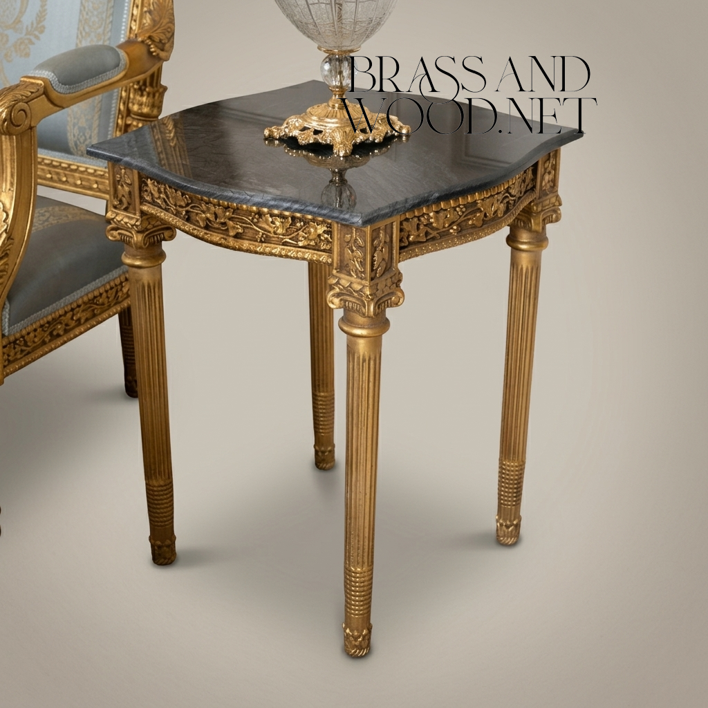 Louis XVI Gilt Carved Salon Set with Black Marble Tables