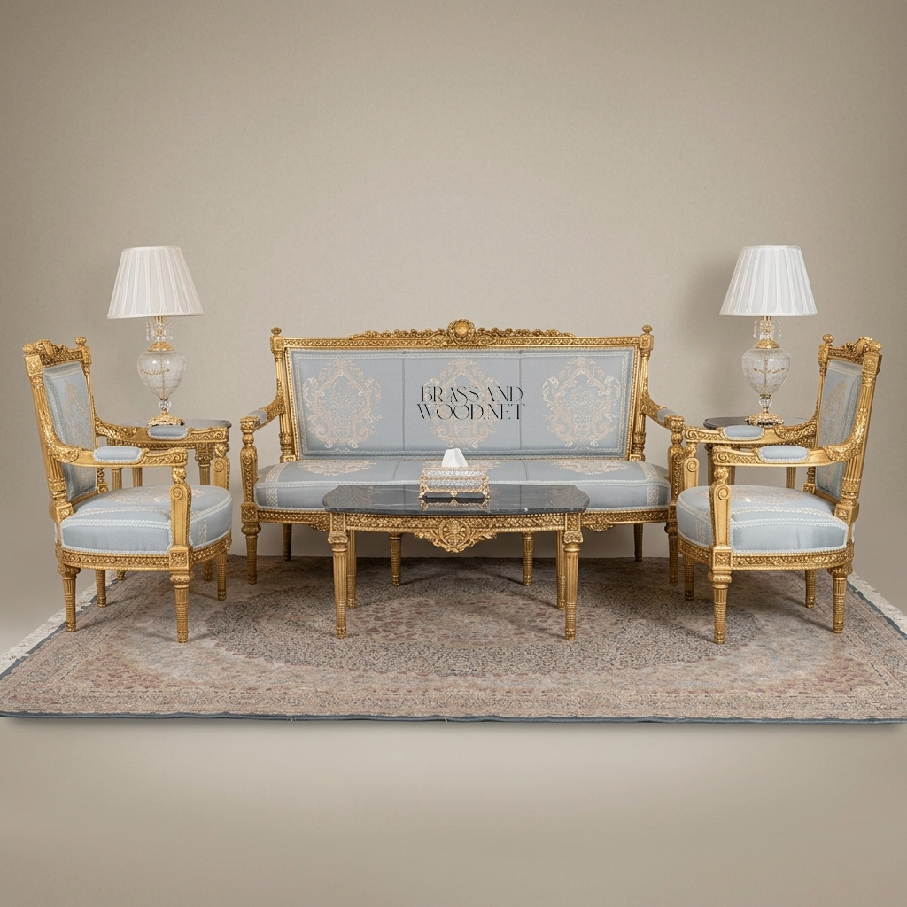 Louis XVI Gilt Carved Salon Set with Black Marble Tables
