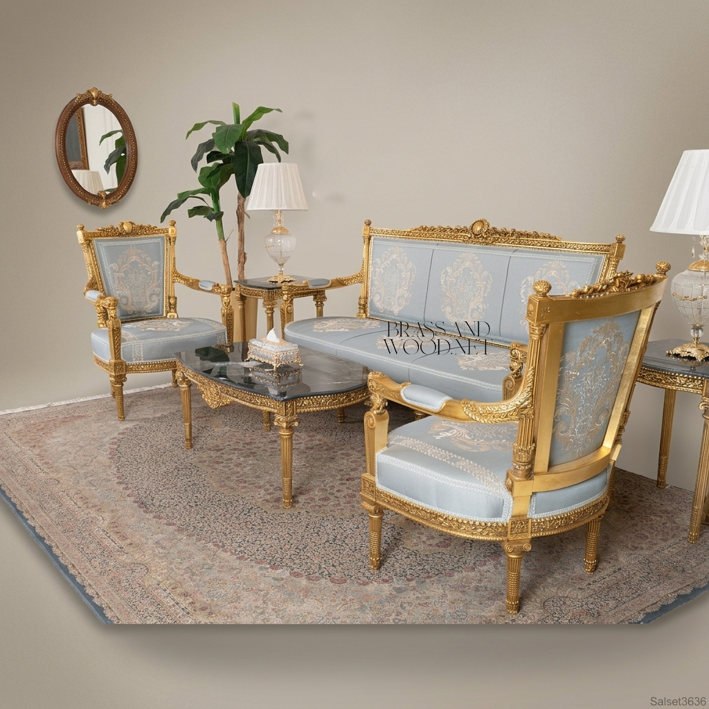 Louis XVI Gilt Carved Salon Set with Black Marble Tables