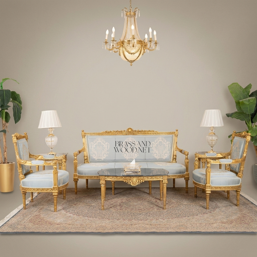 Louis XVI Gilt Carved Salon Set with Black Marble Tables