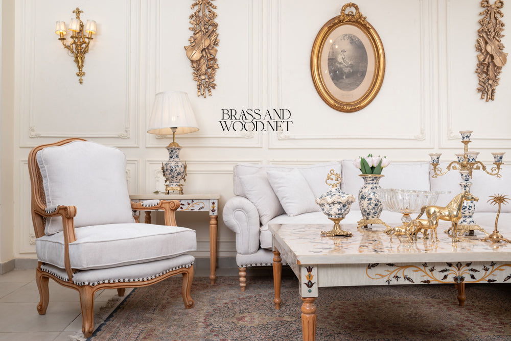 Louis XVI Heritage Salon Set — Carved Wood & Nailhead Upholstery
