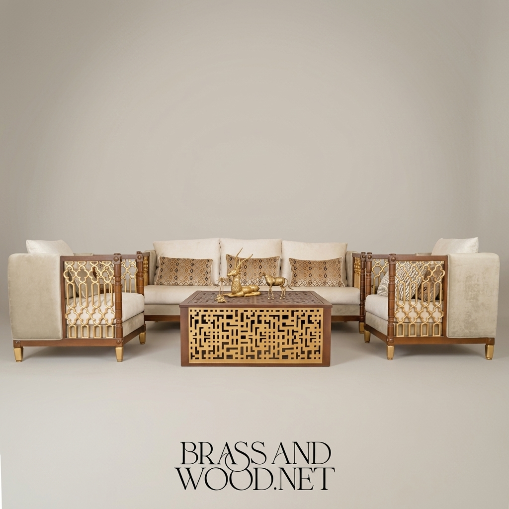 Arabesque Heritage Salon Set — Carved Wood & Gilt Brass Lattice