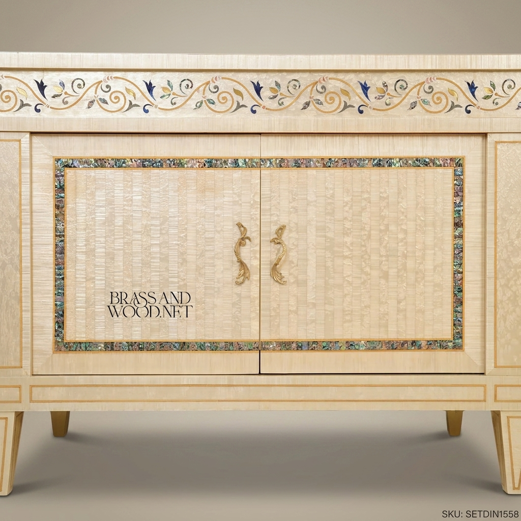 Neoclassical Ivory Carved Dining Set with Inlaid Table & Buffet