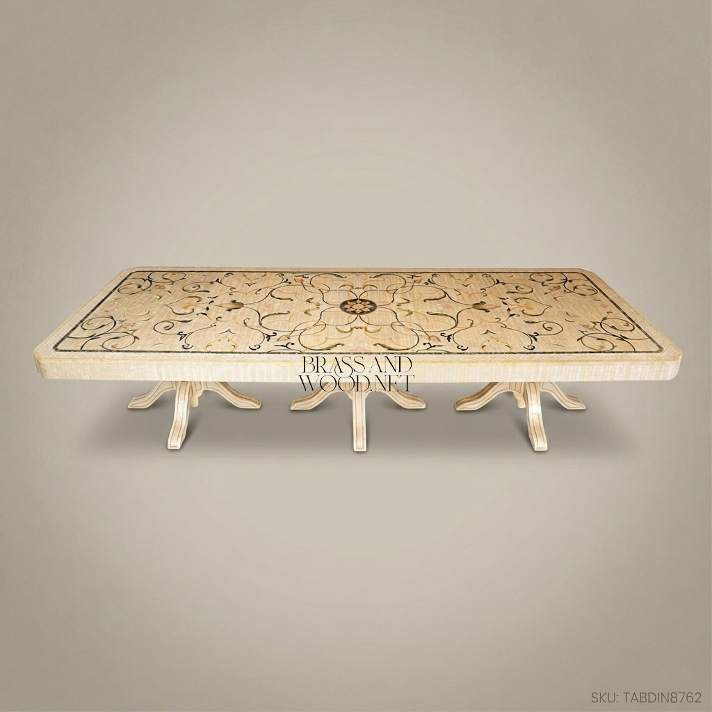 Neoclassical Ivory Carved Dining Set with Inlaid Table & Buffet