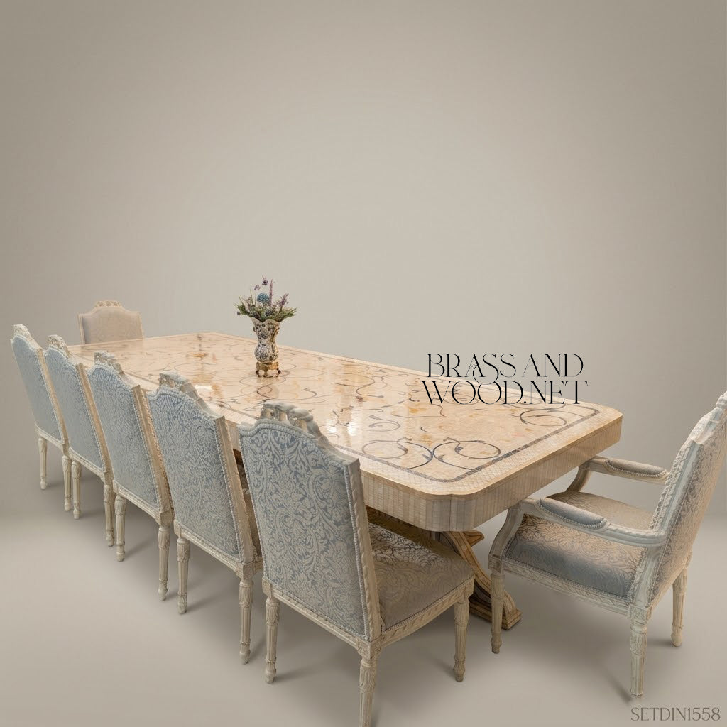 Neoclassical Ivory Carved Dining Set with Inlaid Table & Buffet