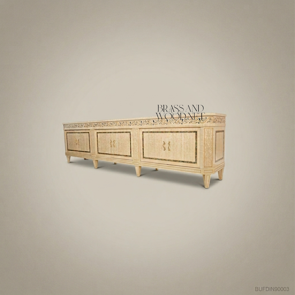 Neoclassical Ivory Carved Dining Set with Inlaid Table & Buffet