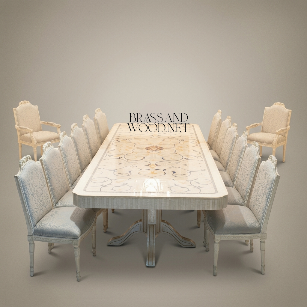 Neoclassical Ivory Carved Dining Set with Inlaid Table & Buffet