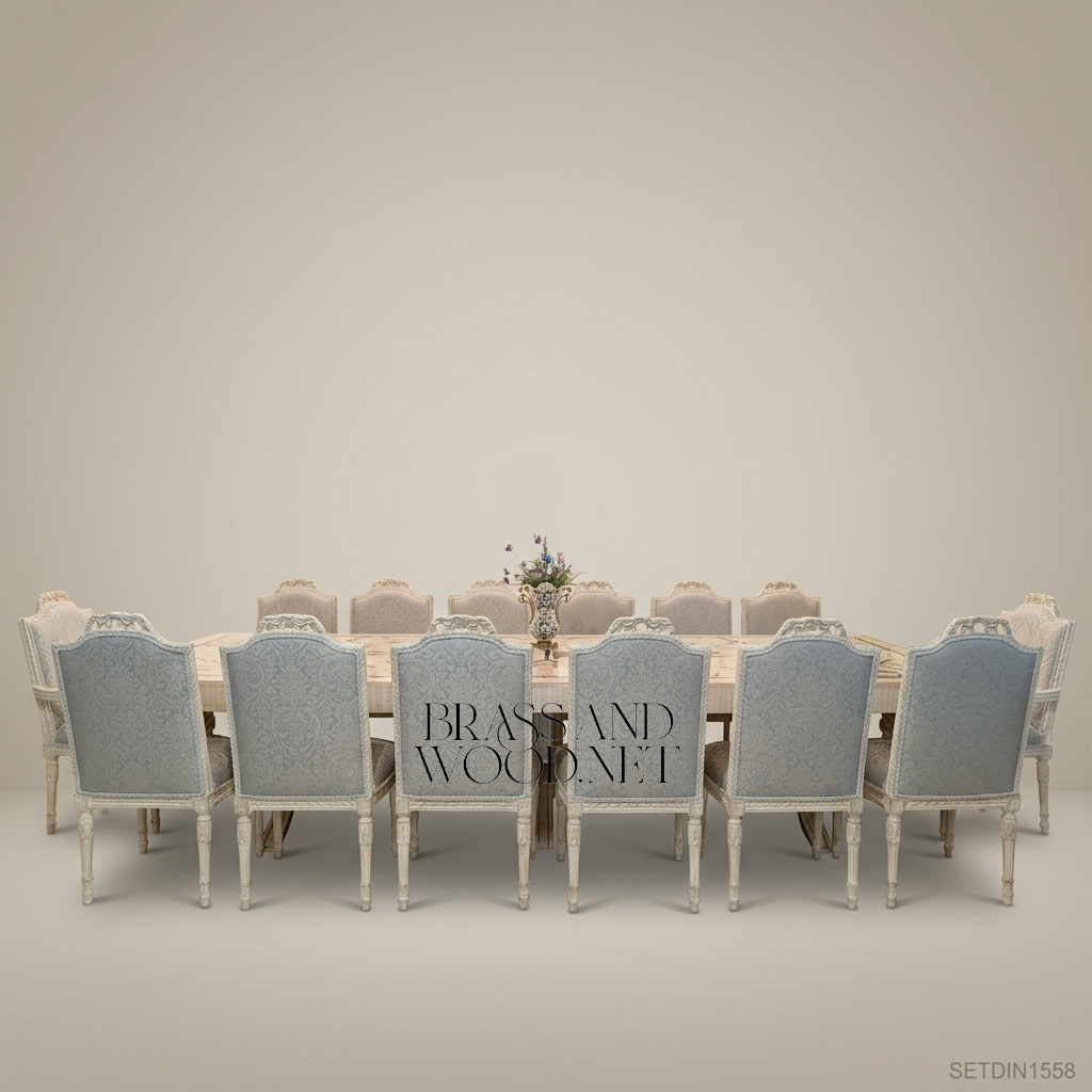 Neoclassical Ivory Carved Dining Set with Inlaid Table & Buffet
