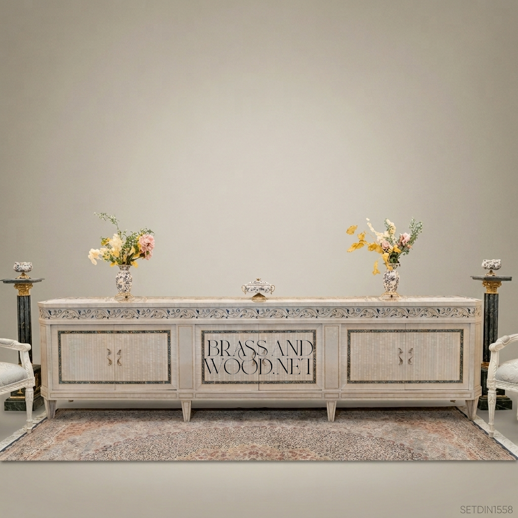 Neoclassical Ivory Carved Dining Set with Inlaid Table & Buffet