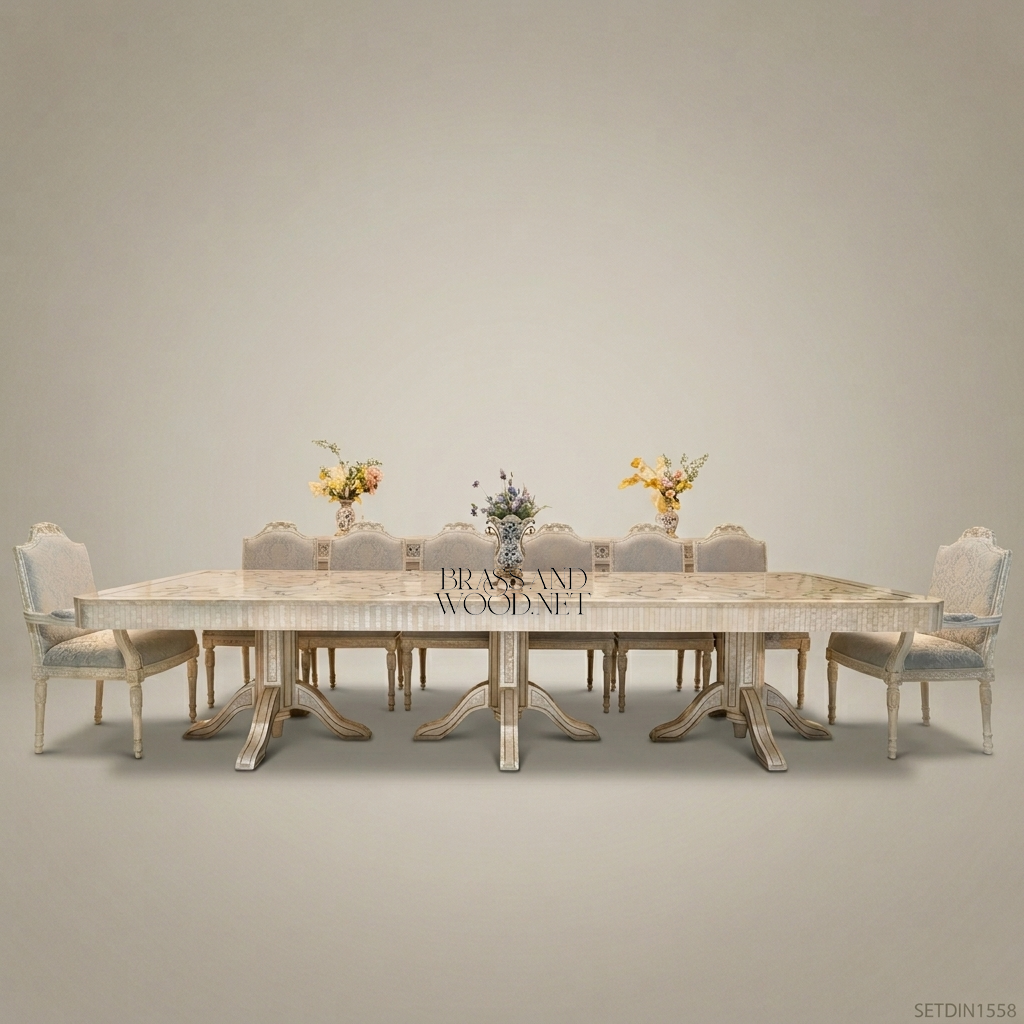 Neoclassical Ivory Carved Dining Set with Inlaid Table & Buffet