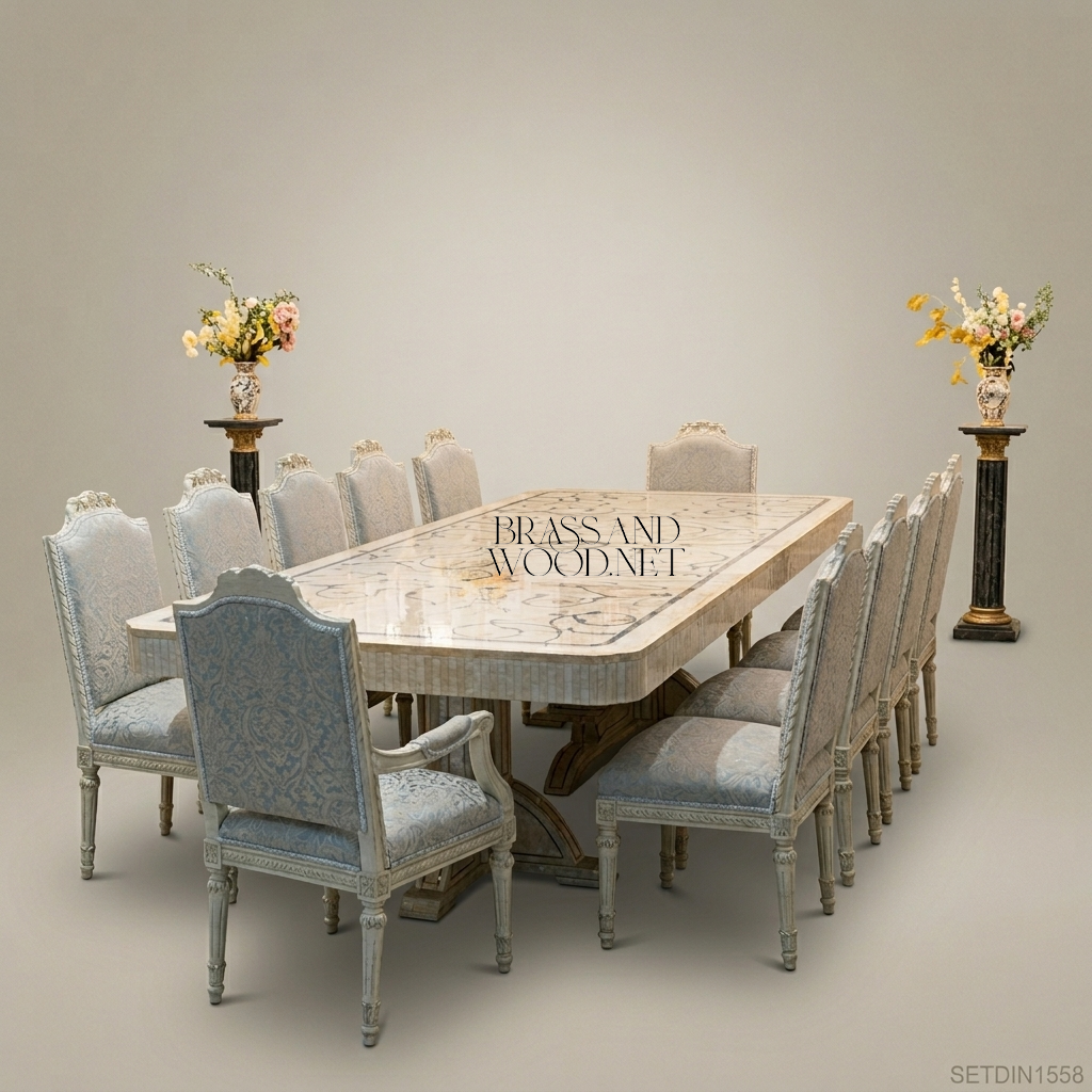 Neoclassical Ivory Carved Dining Set with Inlaid Table & Buffet