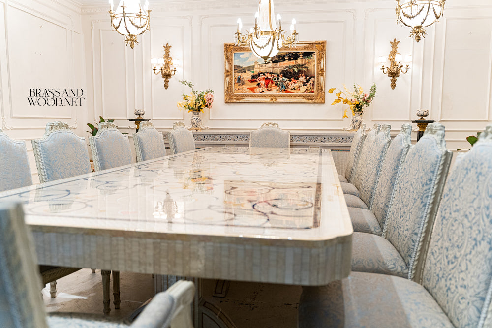 Neoclassical Ivory Carved Dining Set with Inlaid Table & Buffet
