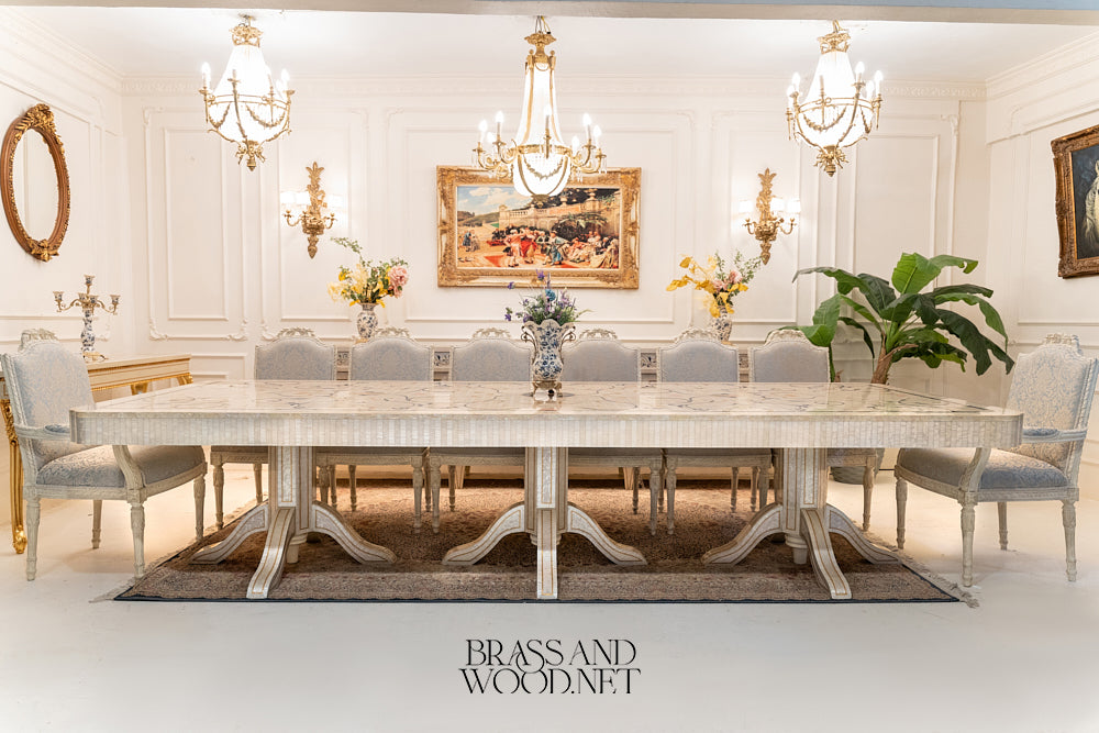 Neoclassical Ivory Carved Dining Set with Inlaid Table & Buffet