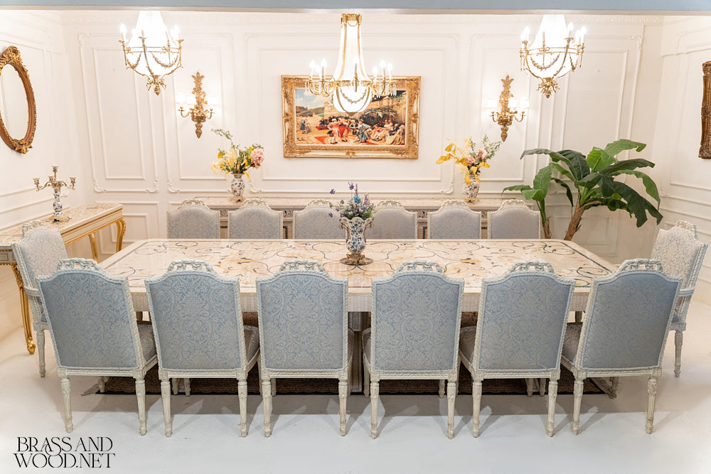 Neoclassical Ivory Carved Dining Set with Inlaid Table & Buffet