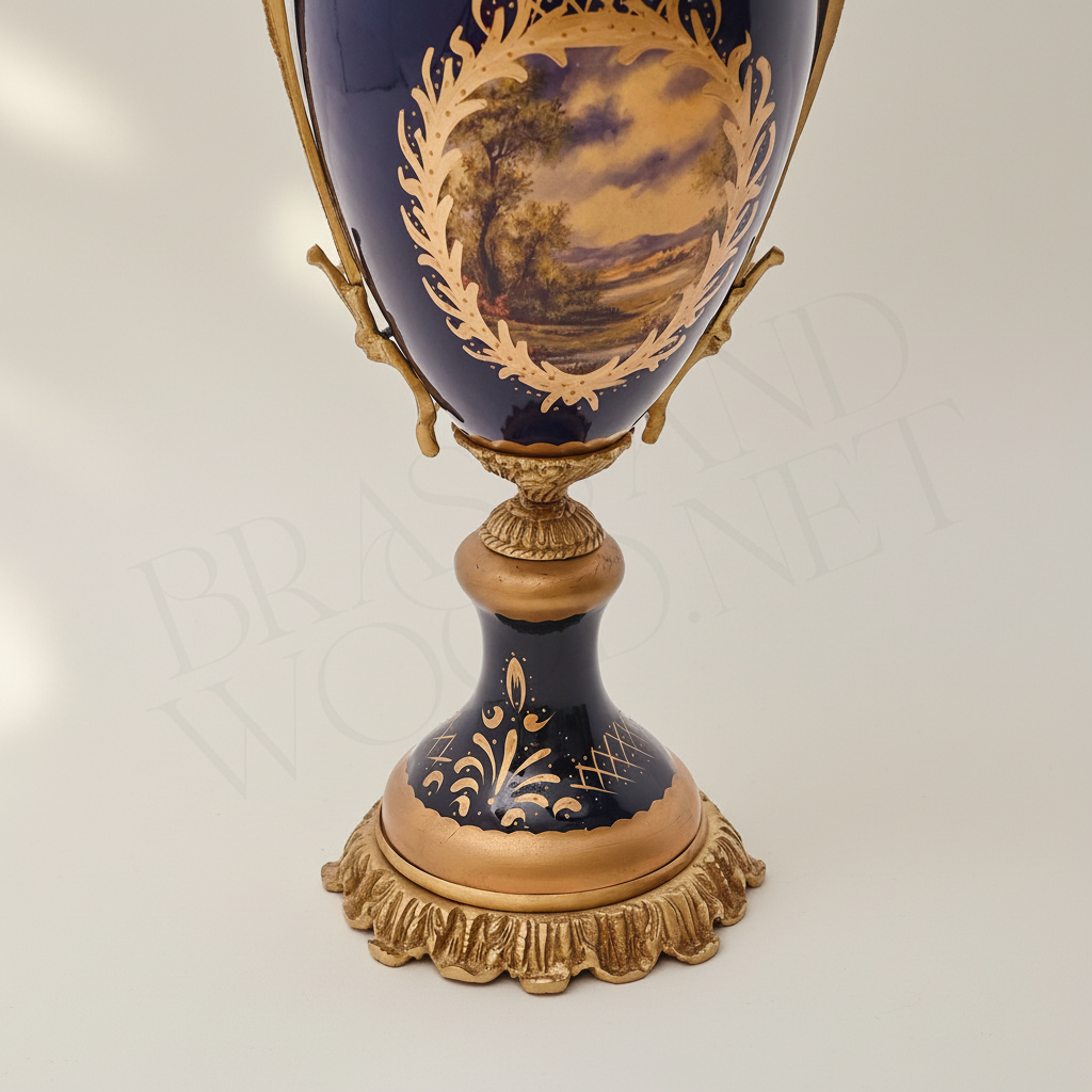Sèvres-Style Cobalt Ceramic & Brass Garniture Set - Hand-Painted Landscape Medallions — Antique Gold