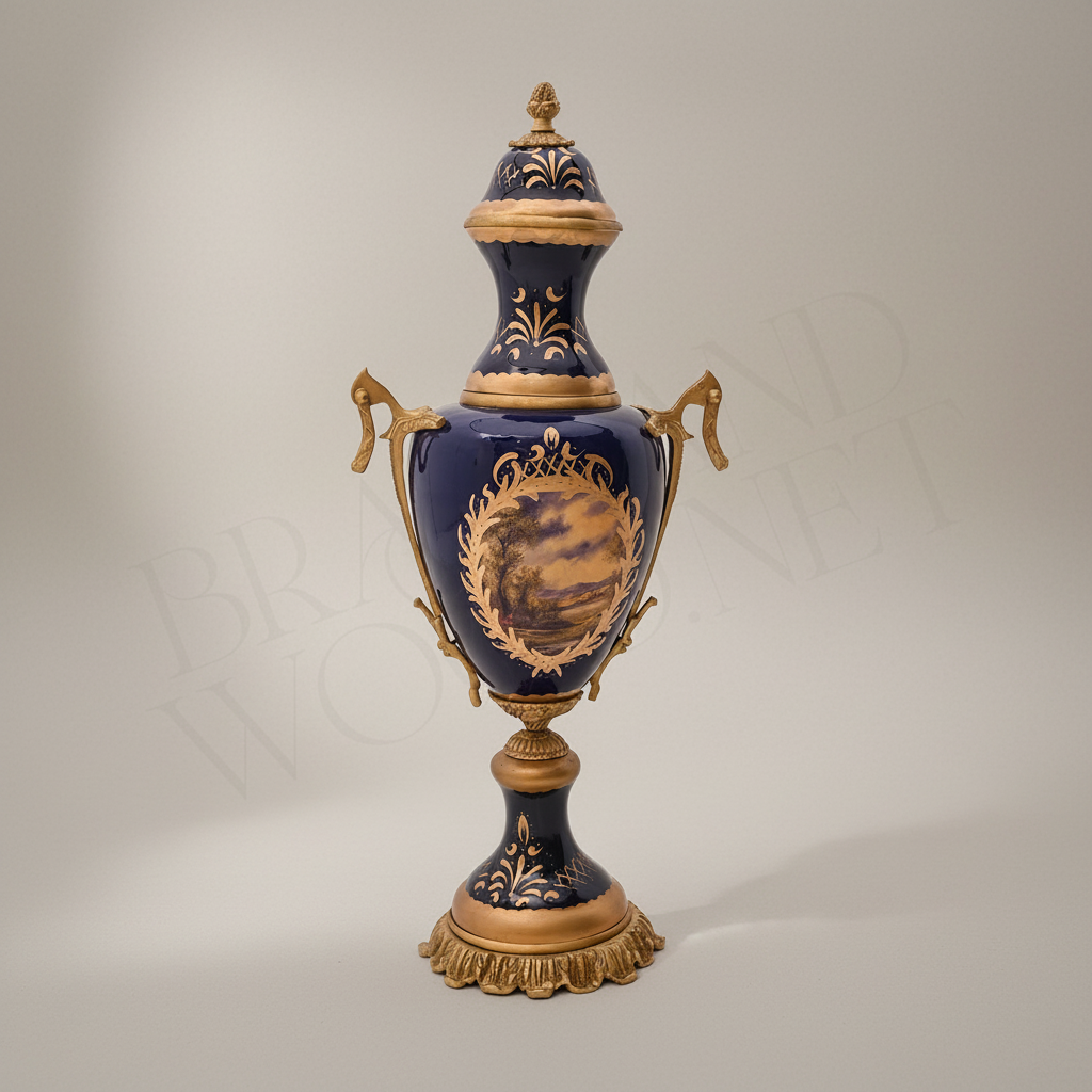 Sèvres-Style Cobalt Ceramic & Brass Garniture Set - Hand-Painted Landscape Medallions — Antique Gold