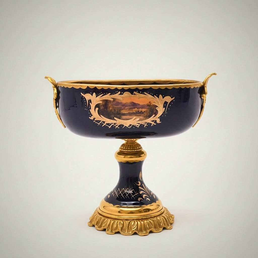 Sèvres-Style Cobalt Ceramic & Brass Garniture Set - Hand-Painted Landscape Medallions