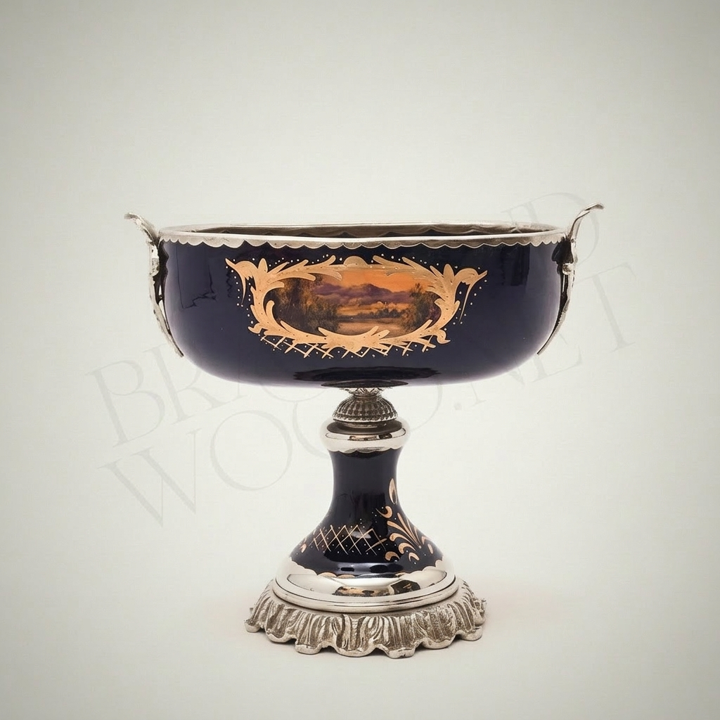 Sèvres-Style Cobalt Ceramic & Brass Garniture Set - Hand-Painted Landscape Medallions — Silver
