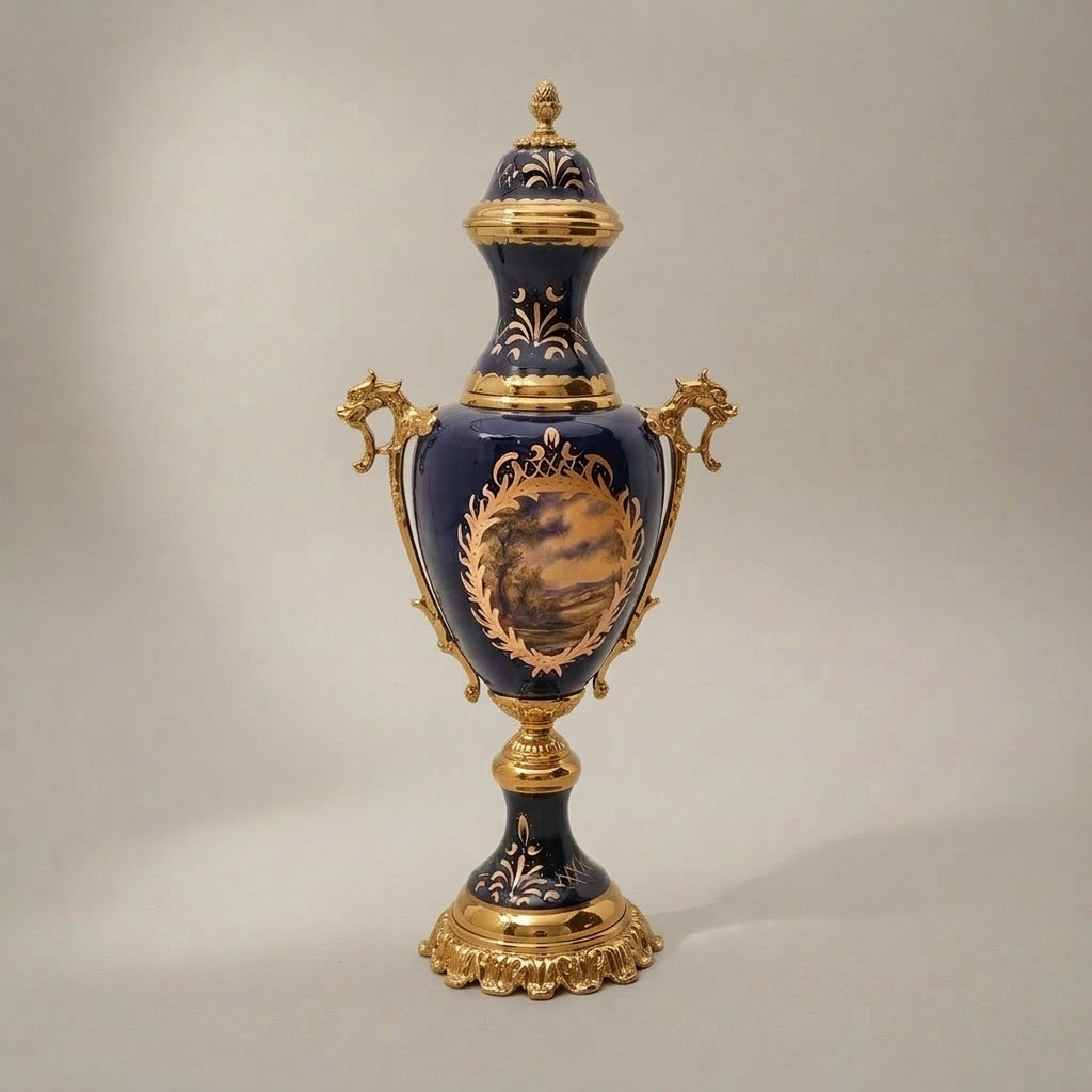 Sèvres-Style Cobalt Ceramic & Brass Garniture Set - Hand-Painted Landscape Medallions
