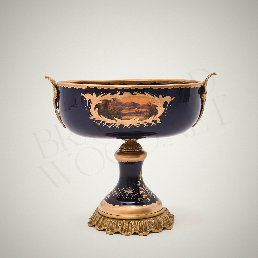 Sèvres-Style Cobalt Ceramic & Brass Garniture Set - Hand-Painted Landscape Medallions — Antique Gold