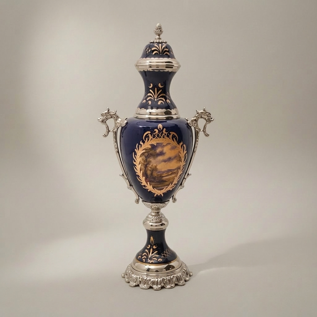 Sèvres-Style Cobalt Ceramic & Brass Garniture Set - Hand-Painted Landscape Medallions — Silver