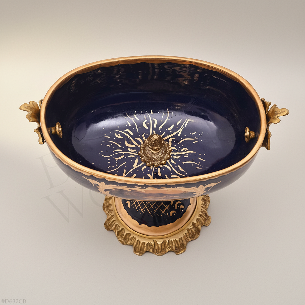 Sèvres-Style Cobalt Ceramic & Brass Garniture Set - Hand-Painted Landscape Medallions — Antique Gold