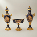 Sèvres-Style Cobalt Ceramic & Brass Garniture Set - Hand-Painted Landscape Medallions