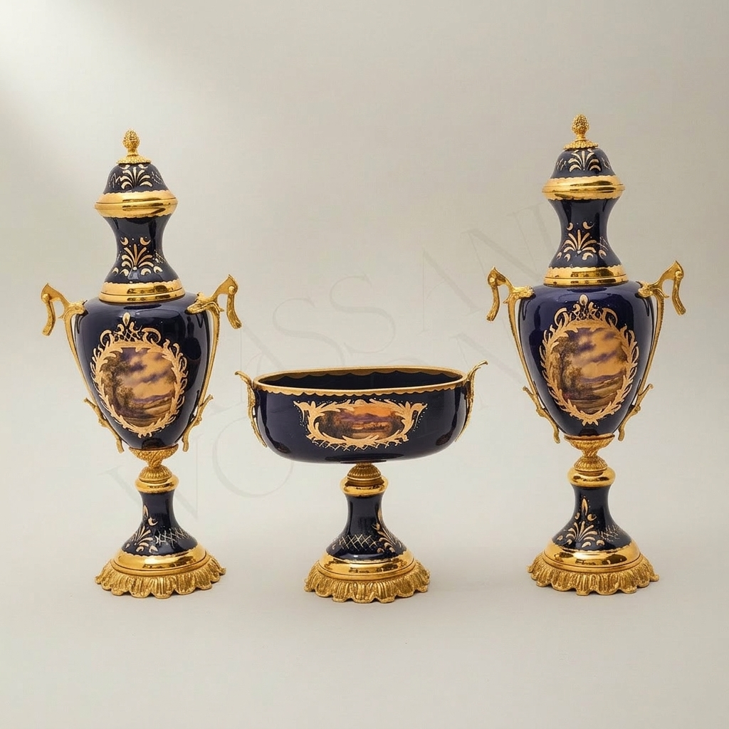 Sèvres-Style Cobalt Ceramic & Brass Garniture Set - Hand-Painted Landscape Medallions — Gold