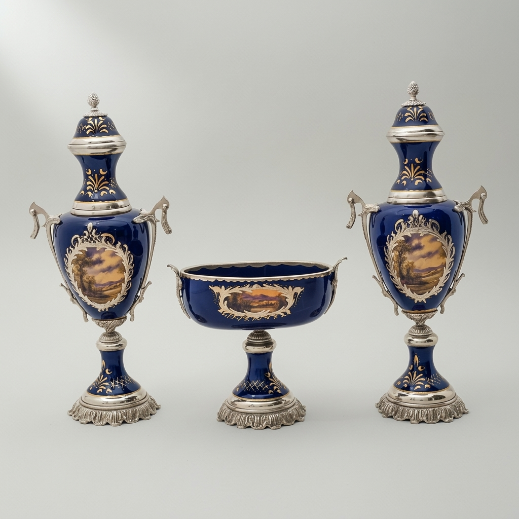 Sèvres-Style Cobalt Ceramic & Brass Garniture Set - Hand-Painted Landscape Medallions — Silver