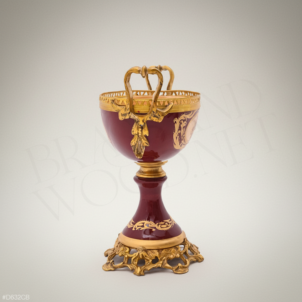 Sèvres-Style Ceramic & Brass 3-Piece Garniture Set with Hand-Painted Medallions — Antique Gold