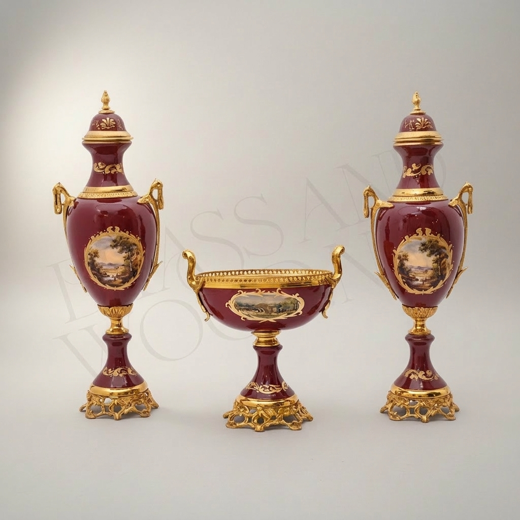 Sèvres-Style Ceramic & Brass 3-Piece Garniture Set with Hand-Painted Medallions — Gold