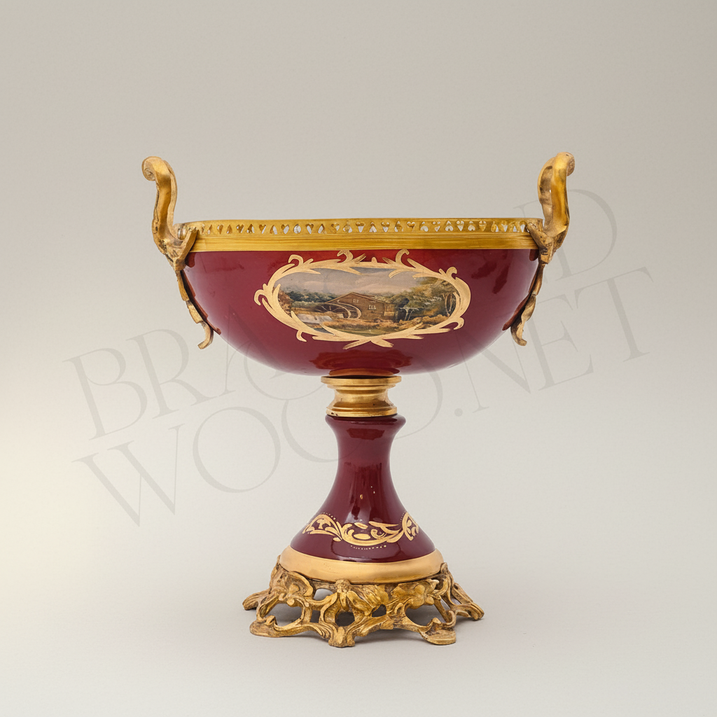 Sèvres-Style Ceramic & Brass 3-Piece Garniture Set with Hand-Painted Medallions — Antique Gold