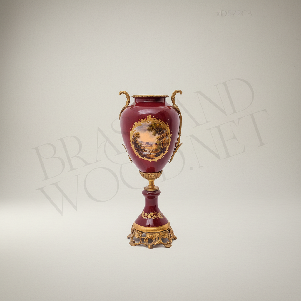 Sèvres-Style Ceramic & Brass 3-Piece Garniture Set with Hand-Painted Medallions — Antique Gold
