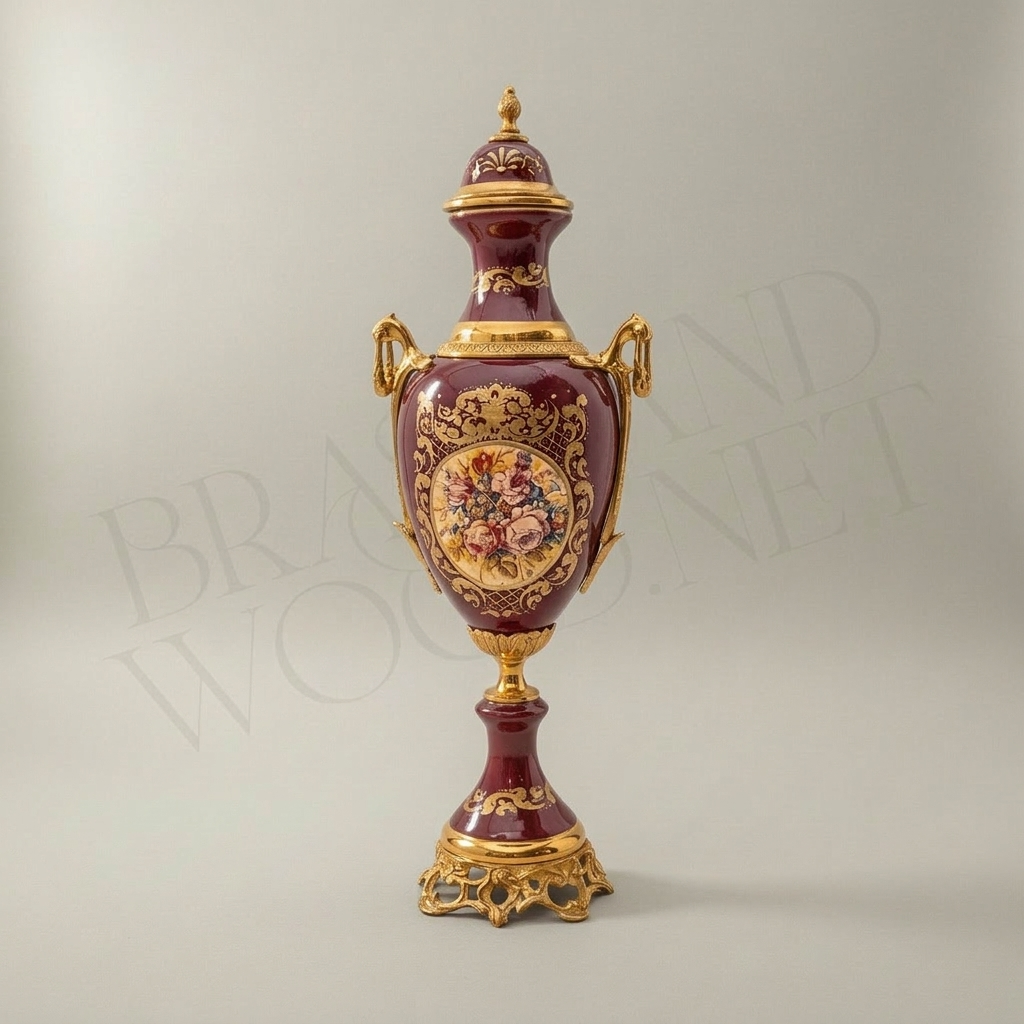 Sèvres-Style Ceramic & Brass 3-Piece Garniture Set with Hand-Painted Medallions