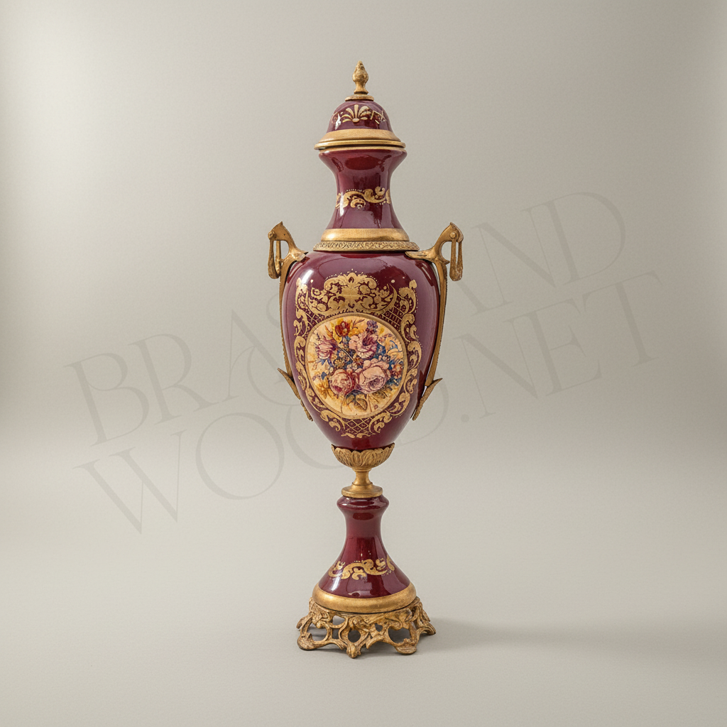 Sèvres-Style Ceramic & Brass 3-Piece Garniture Set with Hand-Painted Medallions — Antique Gold