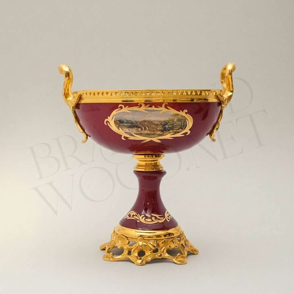 Sèvres-Style Ceramic & Brass 3-Piece Garniture Set with Hand-Painted Medallions