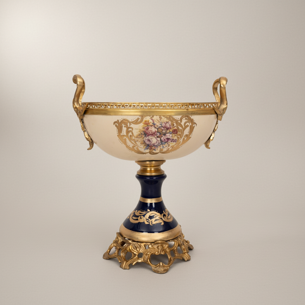 Sèvres-Style Ceramic & Brass Garniture Set — Cobalt & Ivory Floral Urns with Pedestal Bowl — Antique Gold