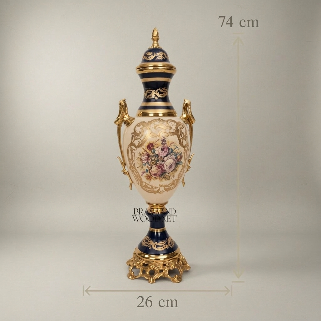 Sèvres-Style Ceramic & Brass Garniture Set — Cobalt & Ivory Floral Urns with Pedestal Bowl