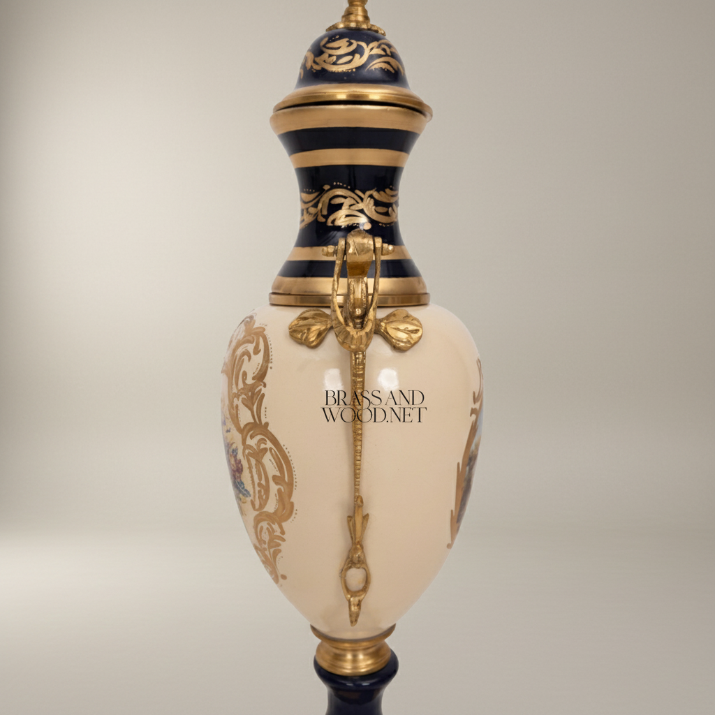 Sèvres-Style Ceramic & Brass Garniture Set — Cobalt & Ivory Floral Urns with Pedestal Bowl — Antique Gold