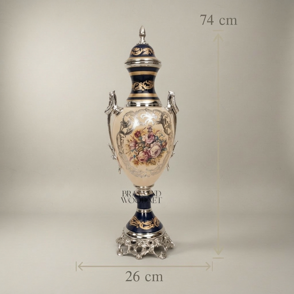 Sèvres-Style Ceramic & Brass Garniture Set — Cobalt & Ivory Floral Urns with Pedestal Bowl — Silver