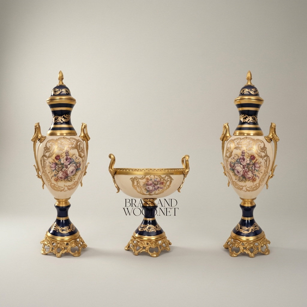 Sèvres-Style Ceramic & Brass Garniture Set — Cobalt & Ivory Floral Urns with Pedestal Bowl — Gold