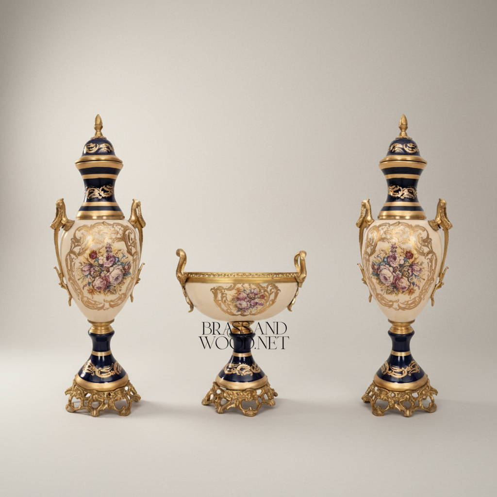 Sèvres-Style Ceramic & Brass Garniture Set — Cobalt & Ivory Floral Urns with Pedestal Bowl — Antique Gold