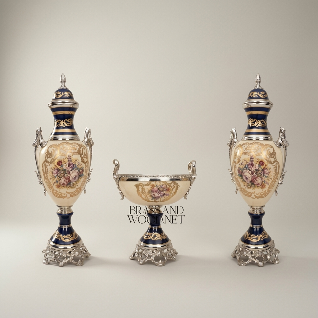 Sèvres-Style Ceramic & Brass Garniture Set — Cobalt & Ivory Floral Urns with Pedestal Bowl — Silver