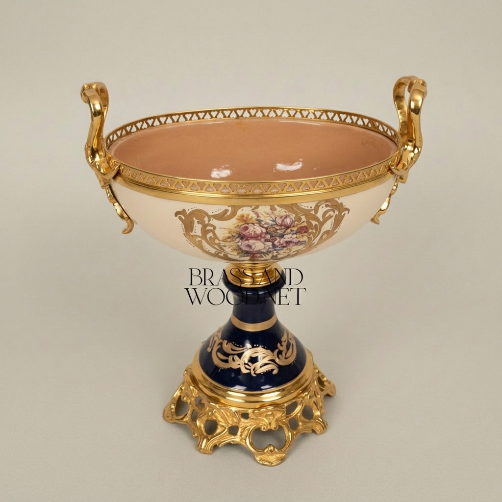 Sèvres-Style Ceramic & Brass Garniture Set — Cobalt & Ivory Floral Urns with Pedestal Bowl — Gold