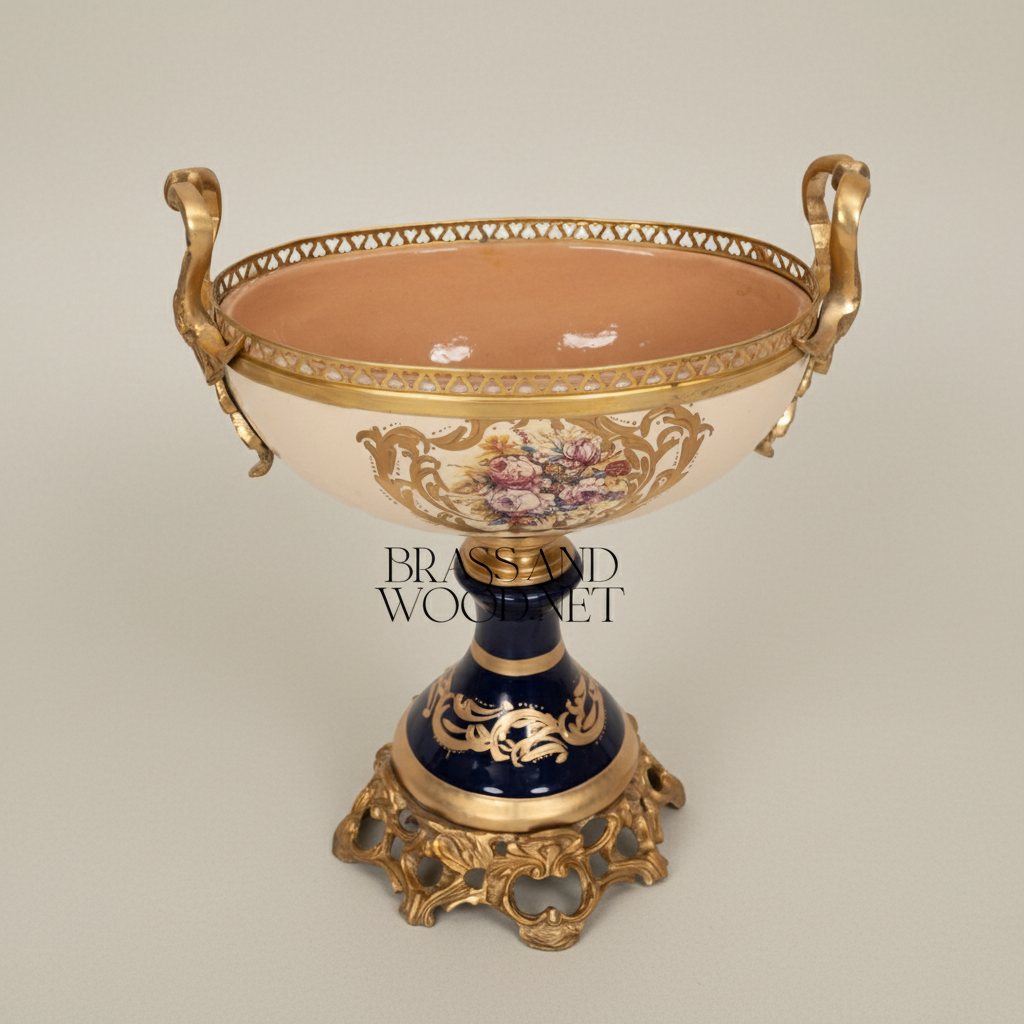 Sèvres-Style Ceramic & Brass Garniture Set — Cobalt & Ivory Floral Urns with Pedestal Bowl — Antique Gold
