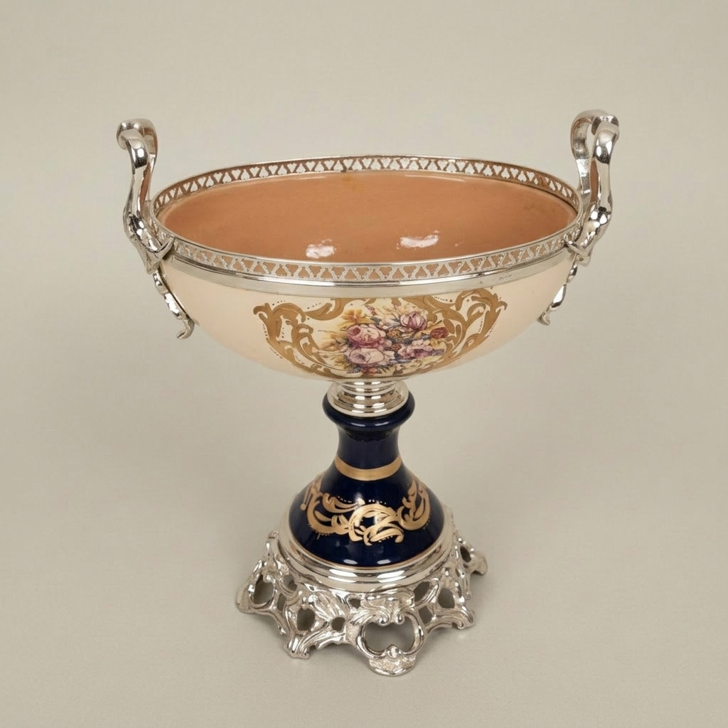 Sèvres-Style Ceramic & Brass Garniture Set — Cobalt & Ivory Floral Urns with Pedestal Bowl — Silver